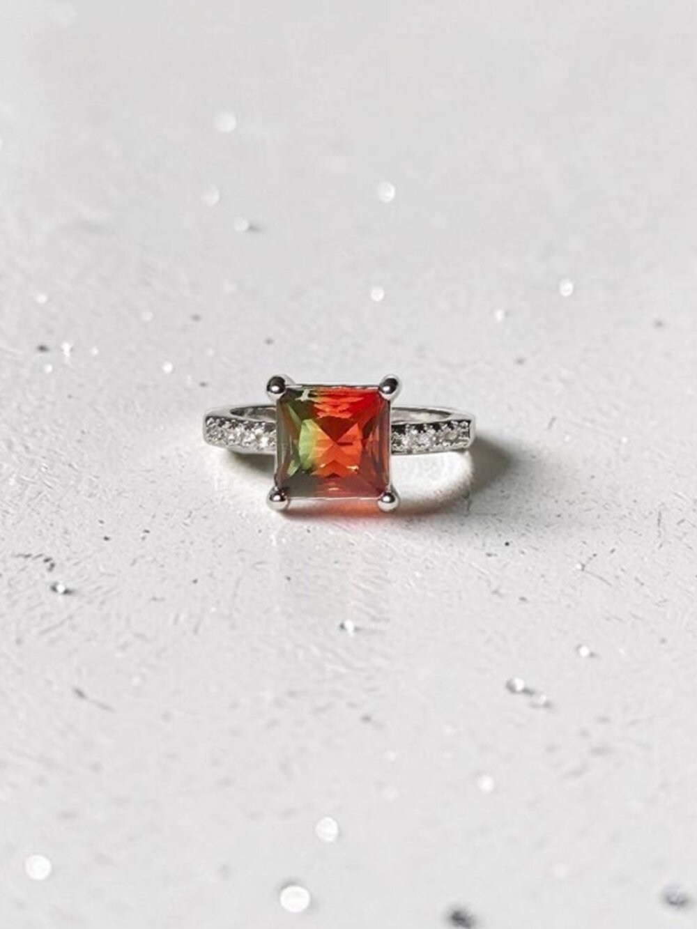 Watermelon Bicolor Princess Cut Ring – Silver Tone Statement - Size 7